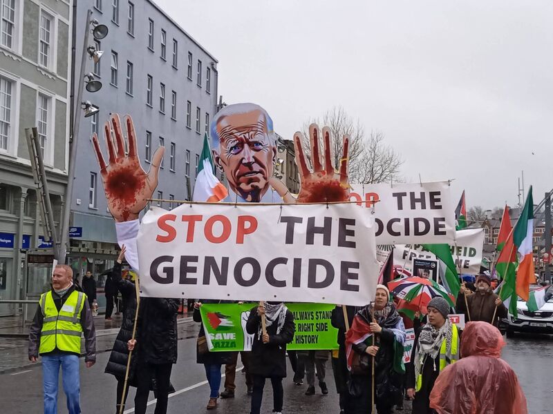 Cork-Palestine Solidarity Campaign protesters marching to show disproval of traditional shamrock sharing ceremony, due to take place at The White House on St Patrick's Day. Credit: Cork Palestine Solidarity Campaign
