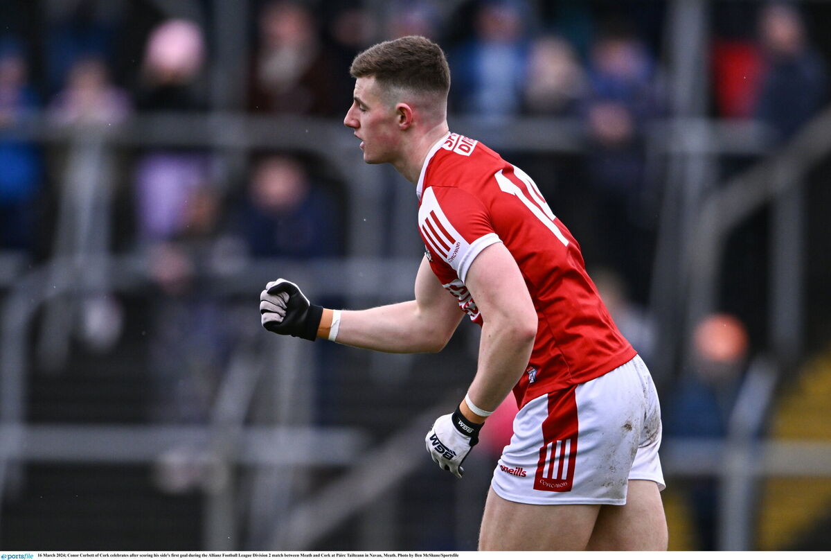 Cork's Conor Corbett celebrates after scoring his goal against Meath. Picture: Ben McShane/Sportsfile