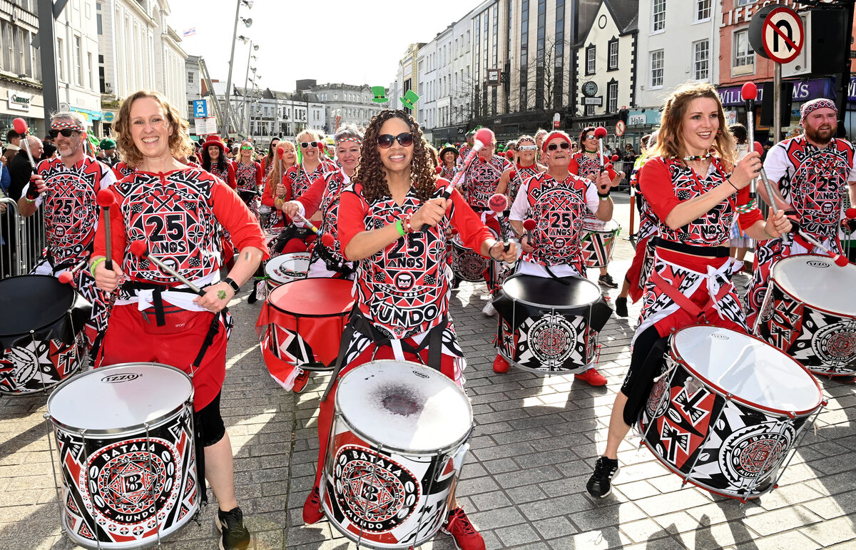  Batala samba drummers taking part in the St Patrick's Day parade in Cork City. Picture: Larry Cummins.