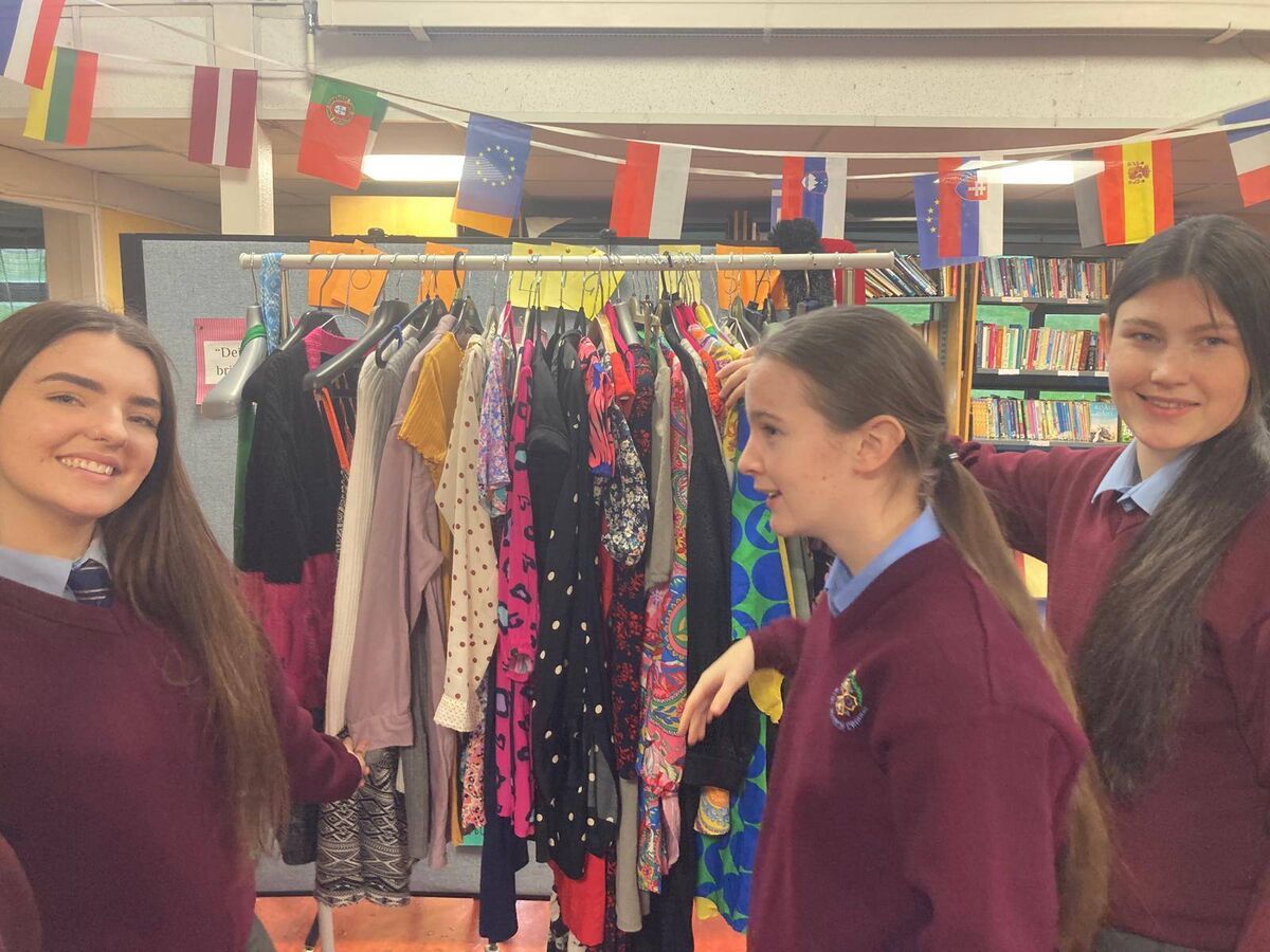 Students curated clothing collections which were displayed in the school ahead of the swap shop. Pictured: Kayleigh Mangan, Lydia Courtney and Ellie Cronin. Students curated clothing collections which were displayed in the school ahead of the swap shop. Pictured: Kayleigh Mangan, Lydia Courtney and Ellie Cronin.