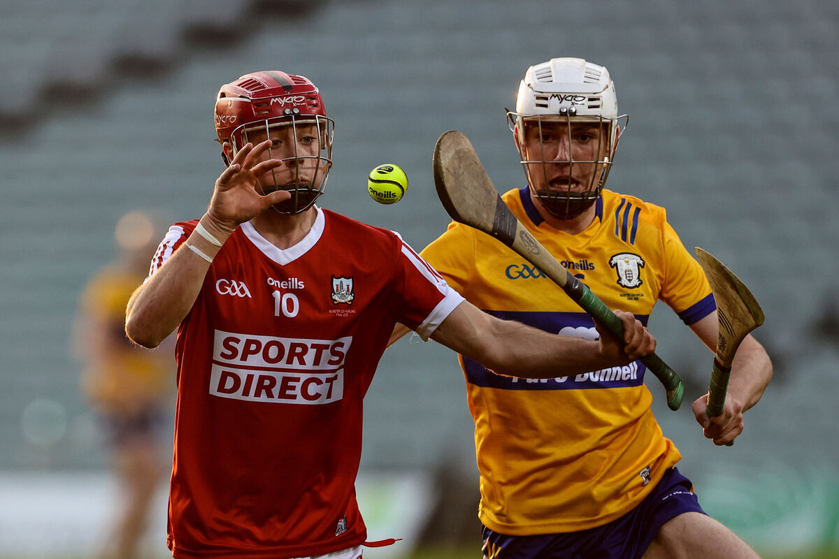 Cork's William Buckley battles for possession against Daithí Lohan of Clare in last year's oneills.com Munster U20HC final at TUS Gaelic Grounds. Picture: Inpho/Ben Brady