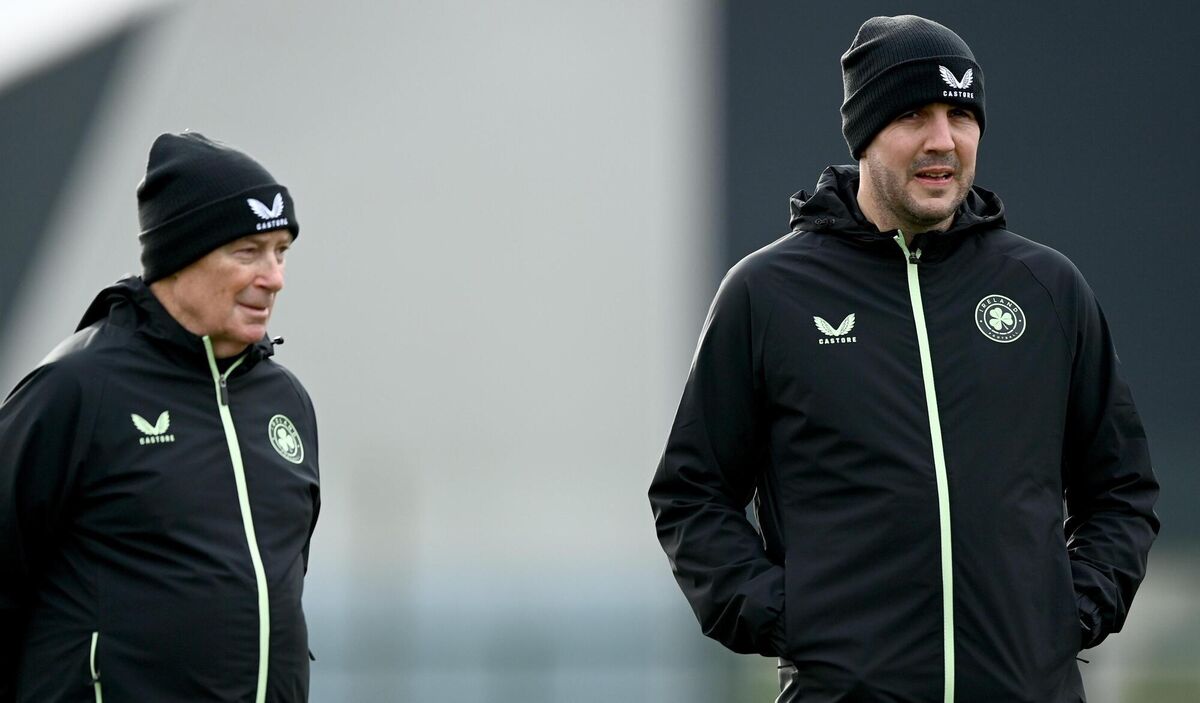 Manager John O'Shea, right, and technical advisor Brian Kerr during a Republic of Ireland training session at the FAI National Training Centre in Abbotstown, Dublin. Picture: Stephen McCarthy/Sportsfile