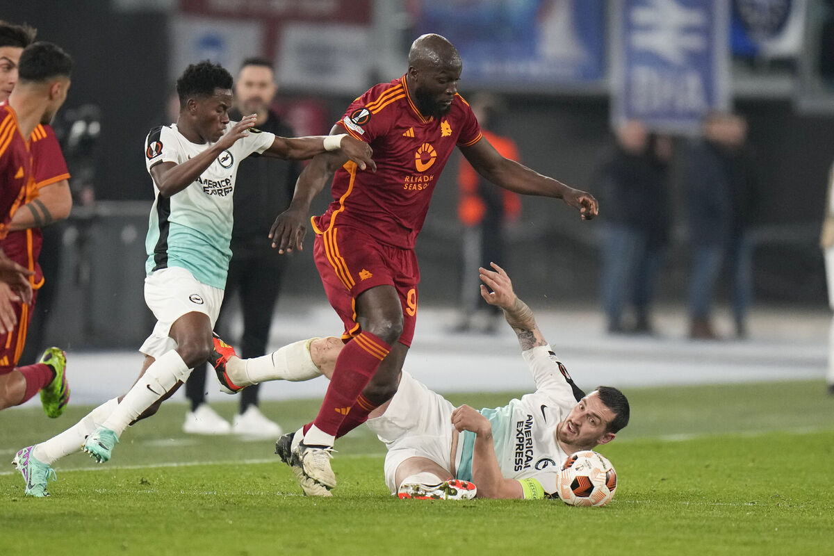 Roma's Romelu Lukaku, centre, in Europa League action against Brighton and Hove Albion, at Rome's Olympic Stadium, Thursday, March 7, 2024. Picture: AP Photo/Alessandra Tarantino