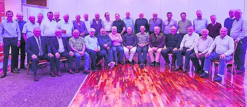 John Arnold (sitting, second from right) with his former classmates at the 50th anniversary reunion of his old school, St Colman’s in Fermoy. Front, from left, John Pius Rea, Tom O’Brien, Philip Higgins, Colm Dulohery, Barry Day, Billy Caplice, John O’Sullivan, Sylvie O’Mahony, Kieran Crowley, John Roche, Bill Cashman, John Arnold, and Jerome O’Brien.