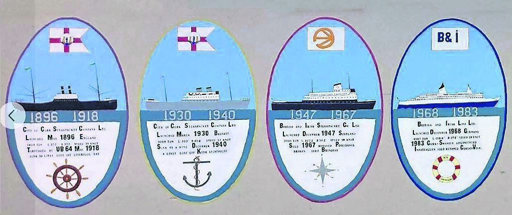 Innisfallen mural in Passage West, showing the different vessels of that name.
