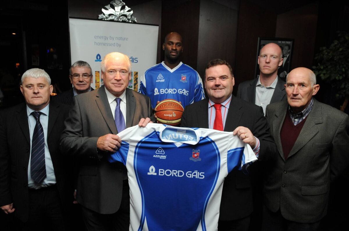 Pictured at the announcement of the sponsorship of Neptune basketball team by Bord Gais at a function at the Boardwalk bar and grill were John Mullins, CEO Bord Gais; with Pat Lucey, club chairman; with from left, Paul Keohane, team manager; Willie Long, committee; American Ronald Thompson ; Tom O'Sullivan, treasurer and club president Leo O'Donoghue 