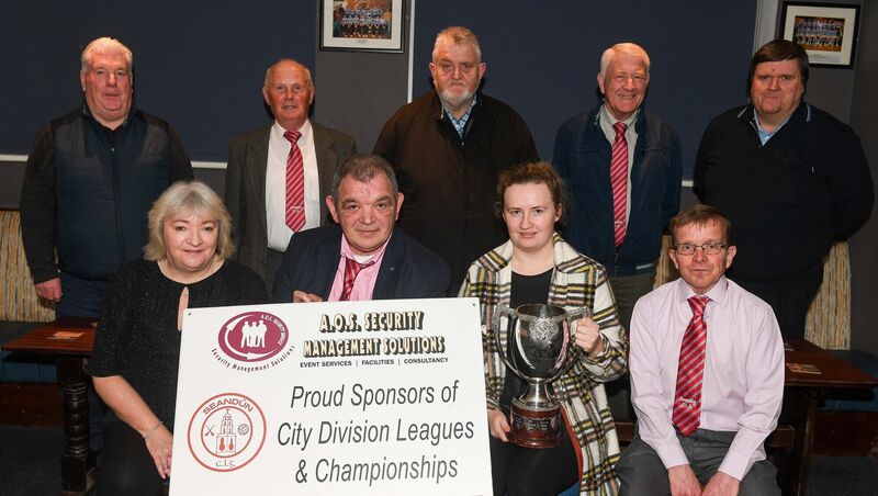  Seandun board officers attending the AOS Security Seandun Junior championship draws, at Brian Dillon’s GAA Club. Included are back row from left, Eddie Murphy, secretary, Sean McCarthy, vice-chairman, Bernard Corcoran, referees secretary, Derry Collins, vice-president and Derek Connolly, assistant secretary.