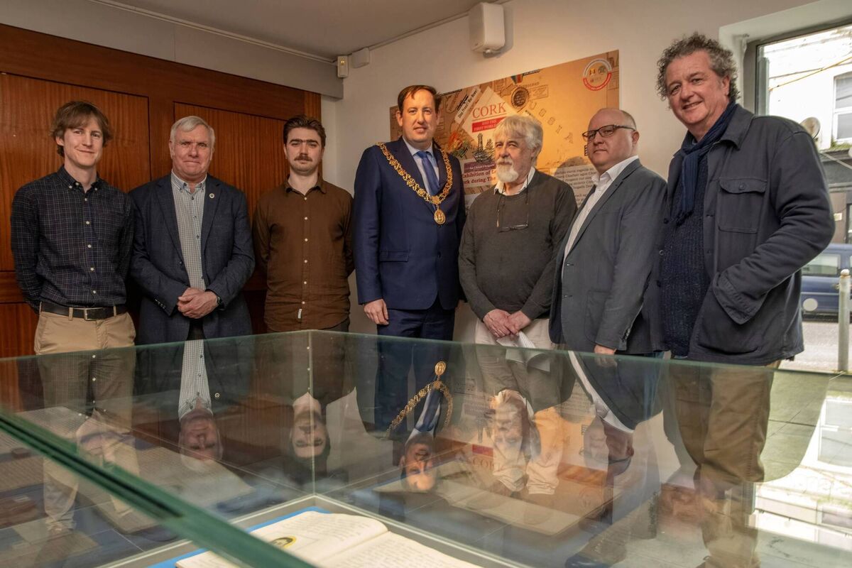 Pictured at the event (L/R): Felix Meehan (Archivist at Cork City Council), Brian McGee (Senior Archivist at Cork City Council), Ferdia Foley (Exhibition Curator), Lord Mayor of Cork, Cllr. Kieran McCarthy, Dr. Hiram Morgan (UCC), Brian McGee (Senior Archivist at Cork City Council) and Dr. Donal Ó Drisceoil (The School of History, UCC). Photo: Colm Lougheed.