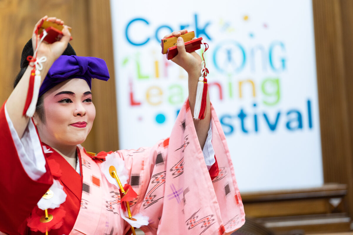 Traditional Japanese dancer Nana Kakazu from MTU performing the Nutchi Bana at the launch of the 19th Cork Life Long Learning Festival.