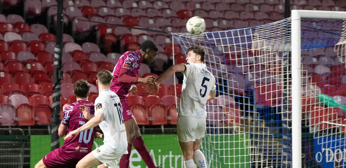 Cobh Ramblers Justin Eguaibor heads the ball across the UCD goal during the recent Airtricity League First Division match at Turner's Cross. Picture: Howard Crowdy