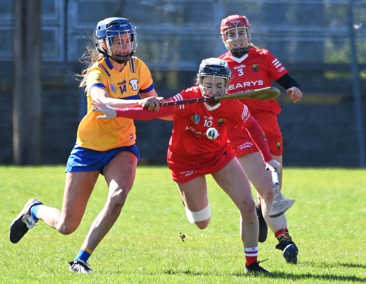 Cork's Saoirse McCarthy is tackled by Clare's Aine O'Loughlin. Picture: Eddie O'Hare Cork's Saoirse McCarthy is tackled by Clare's Aine O'Loughlin. Picture: Eddie O'Hare