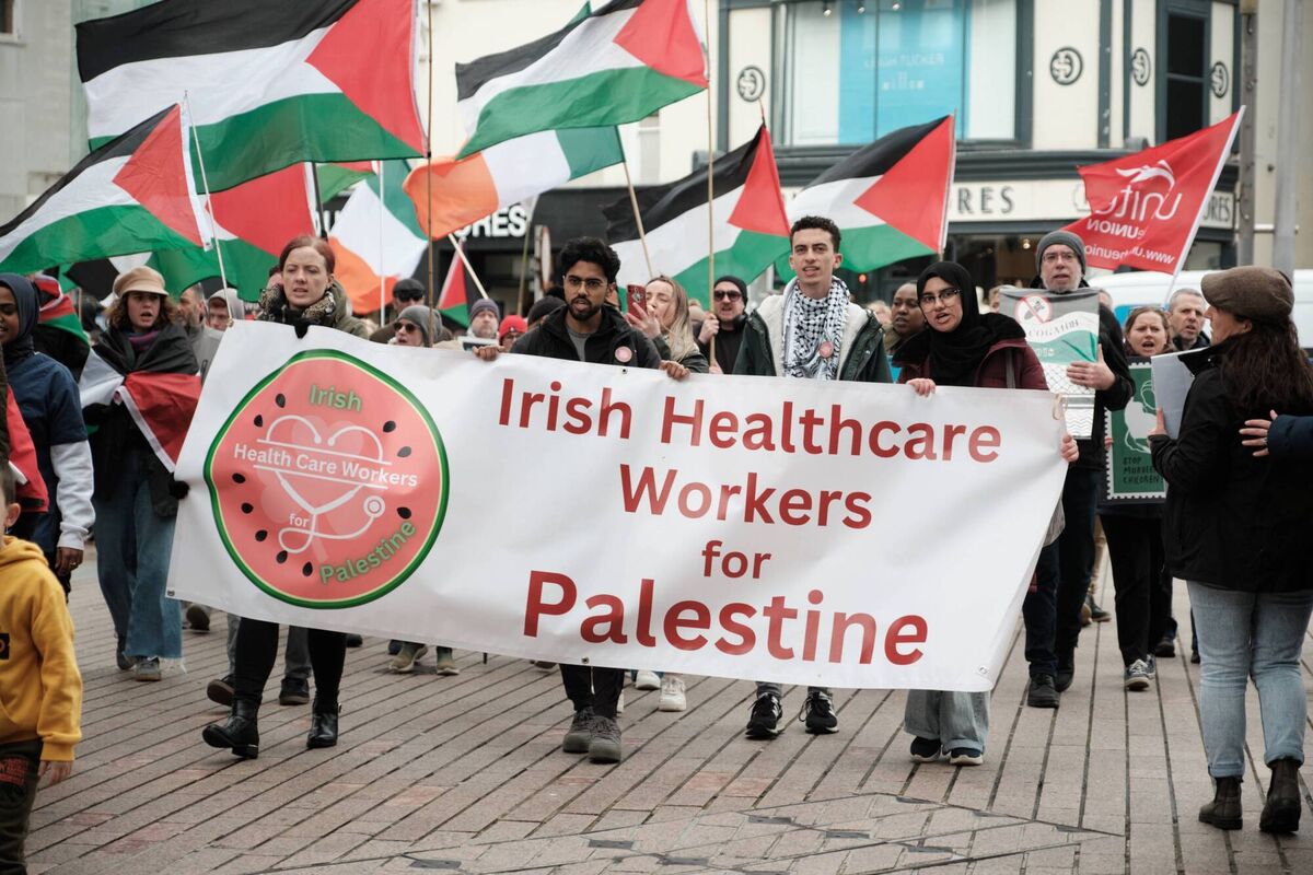 Irish healthcare workers marching during today's protest in Cork city. Credit: Cork Palestine Solidarity Campaign.