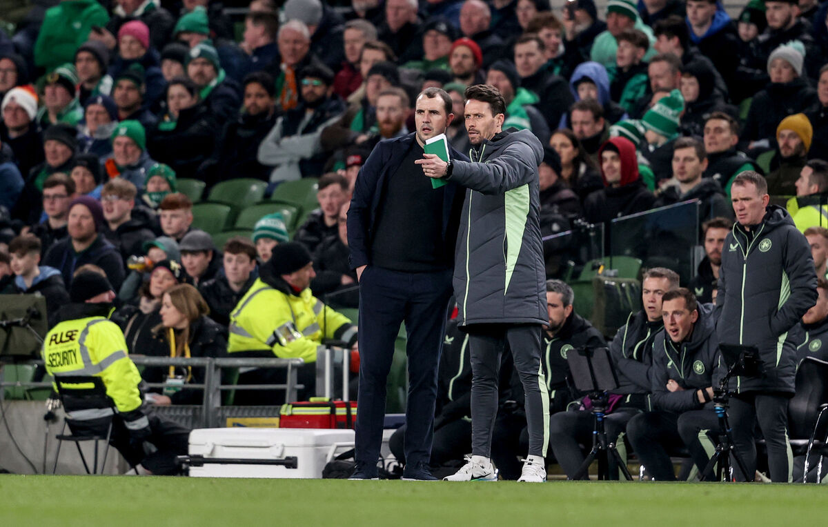Republic of Ireland vs Switzerland: Ireland's Interim Head Coach John O'Shea and Assistant Coach Paddy McCarthy 