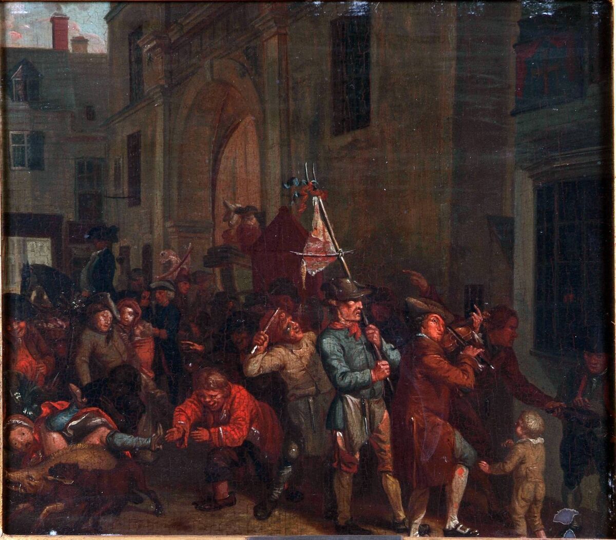 Nathaniel Grogan, Whipping the Herring out of Town – A Scene of Cork, c.1800, oil on panel, 25.5 x 29 cm. Courtesy of Crawford Art Gallery