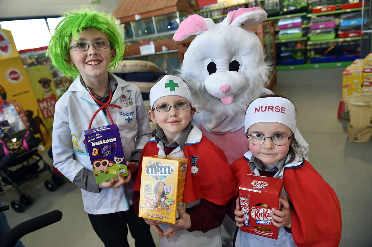 Liam, Niamh and Ciara Middleton with the Easter Bunny and rabbits from Maxi Zoo in Midleton at the launch of the 5th annual Liam Middleton Easter Egg appeal for Cork and Dublin charities. (March 3, 2015) Picture: Eddie O'Hare