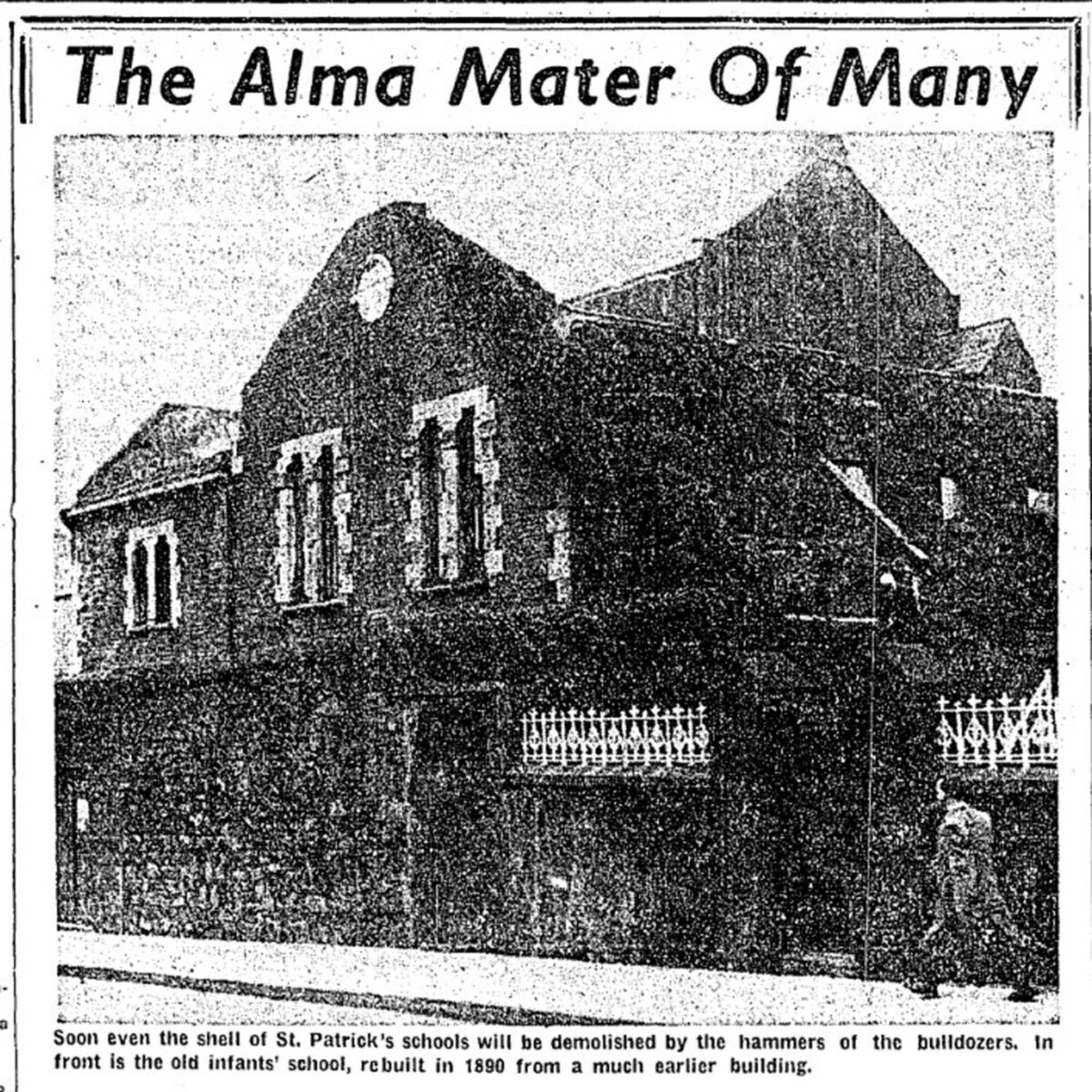 A cutting from the Echo of March 9, 1961, showing St Patrick’s Infants School, just above St Luke’s Cross, shortly before demolition