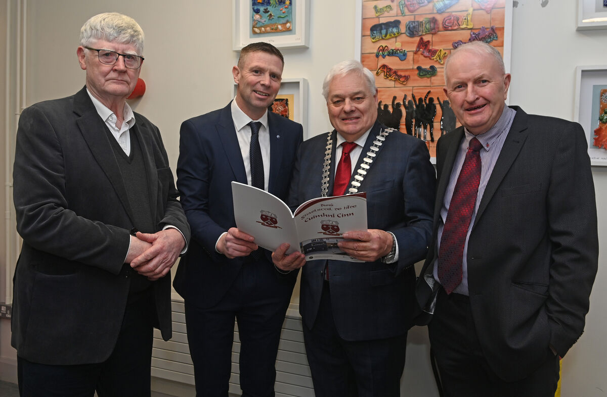 Tadhg Ó Síocháin, Tomás Ó Sé, current principal;county mayor Cllr.Frank O'Flynn and Seán Mac Gearailt former principal at the launch of Gaelscoil de hÍde commemorative book to mark 40 years in Fermoy. Picture: Eddie O'Hare