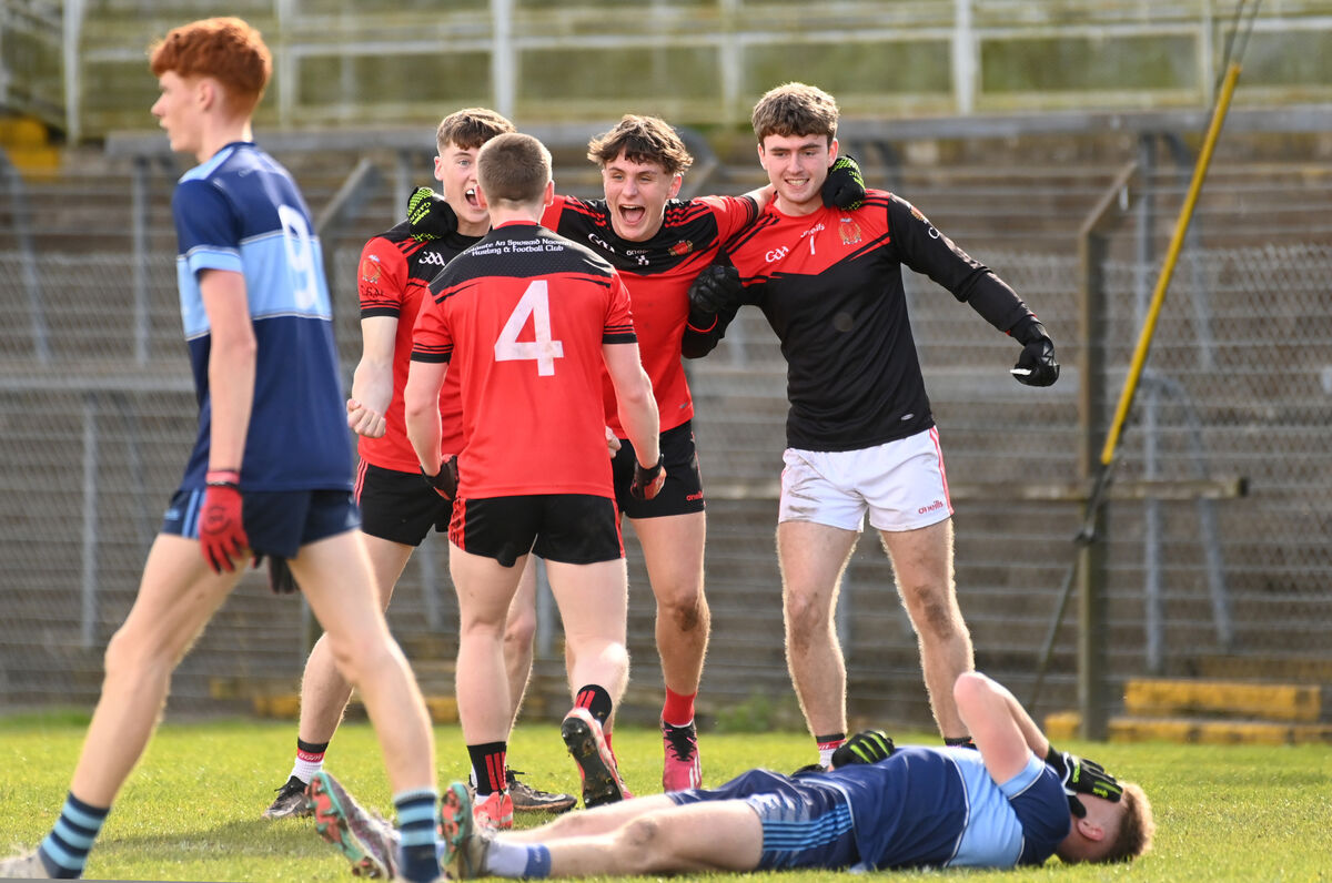 Joy and dispair as Coláiste an Spioraid Naoimh players celebrate after defeating Clonakilty Community College in the Simcox Cup final. Picture: Eddie O'Hare Joy and dispair as Coláiste an Spioraid Naoimh players celebrate after defeating Clonakilty Community College in the Simcox Cup final. Picture: Eddie O'Hare