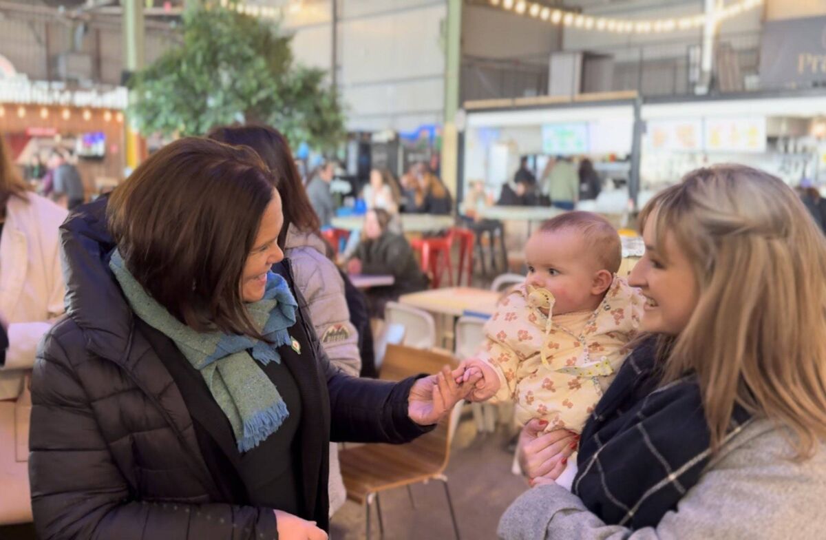 Sinn Féin leader Mary Lou McDonald pictured with party colleague Cllr Orla O'Leary and Ms O'Leary's baby, Rhea, during a visit to Cork. 