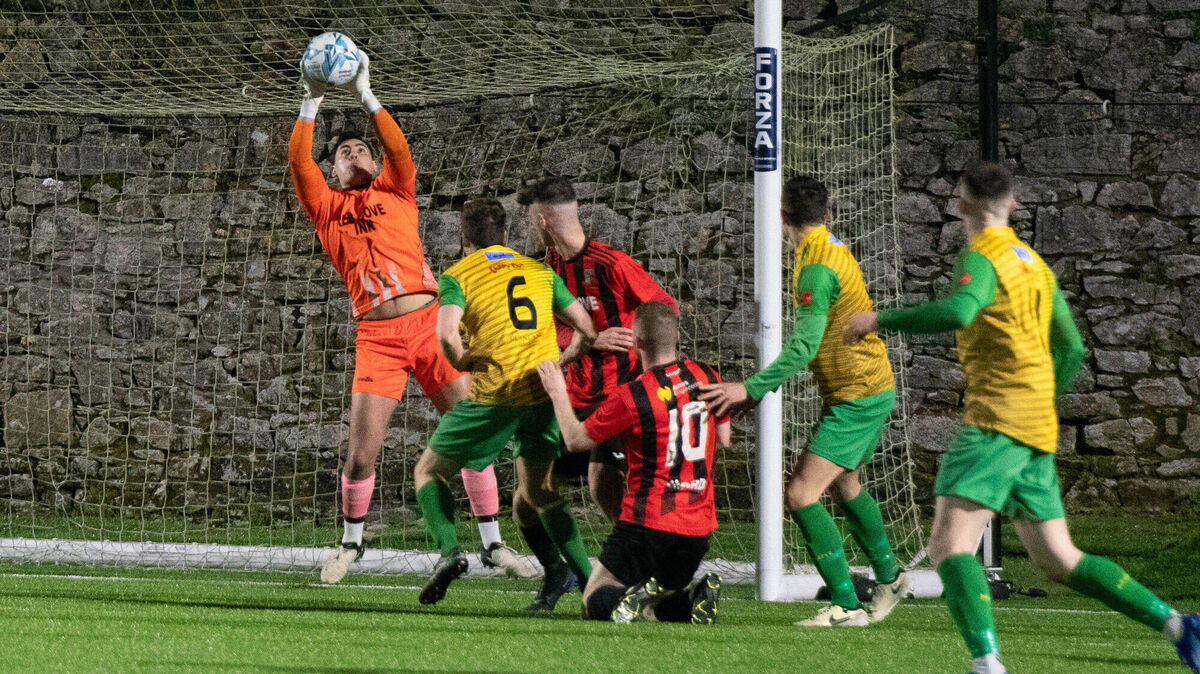 Ringmahon Rangers' Eric Grimes does well to hold on to Rockmount’s Jonathon Hannafin’s header. Picture: Howard Crowdy
Ringmahon Rangers' Eric Grimes does well to hold on to Rockmount’s Jonathon Hannafin’s header. Picture: Howard Crowdy