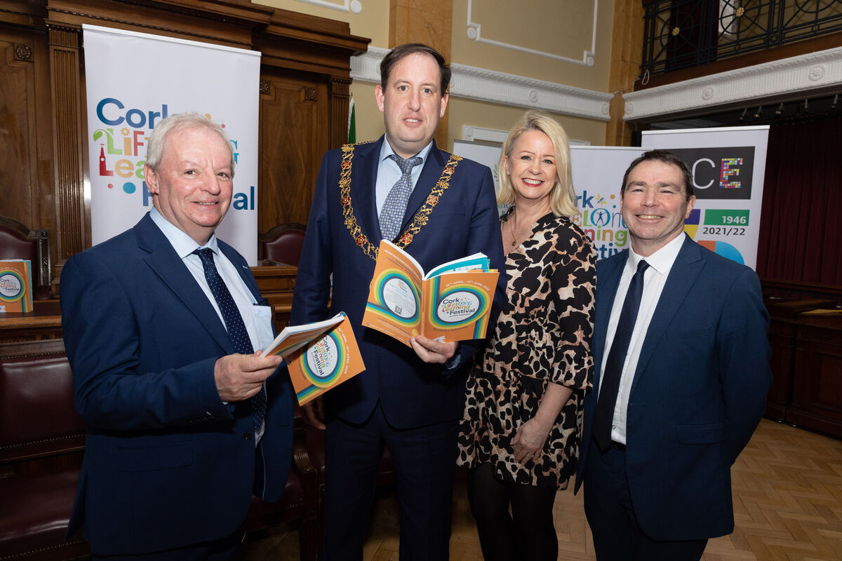 Wille McAuliffe, Chairman Cork Life Long Learning Festival, Lord Mayor councillor Kieran McCarthy, Linda Kenny, Sunday Song Book and Denis Barrett, Cork Learning City Co-Ordinator at the launch of the 19th Cork Life Long Learning Festival. Photo Darragh Kane