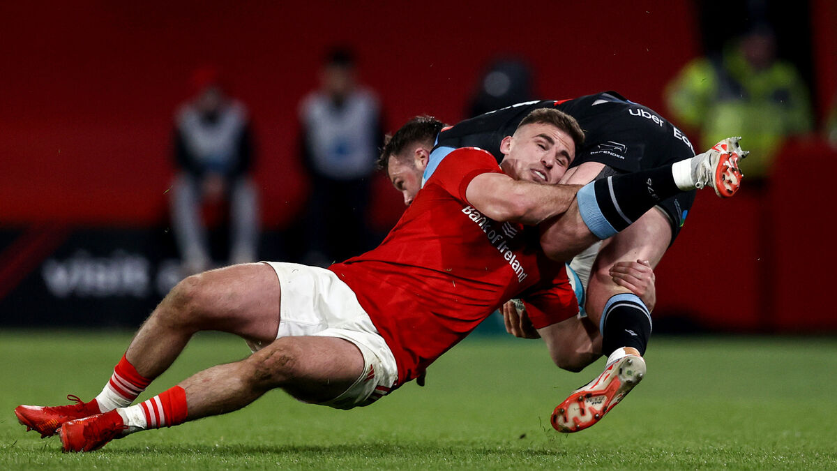 Munster's Shane Daly tackles Owen Lane of Cardiff. Picture: INPHO/Ben Brady