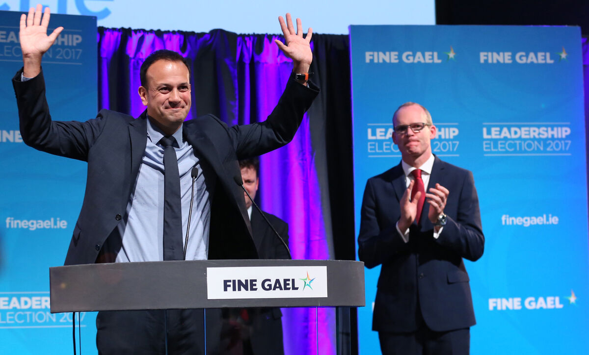 Leo Varadkar TD and Simon Coveney TD after Mr Varadkar was announced he will be the next leader of Fine gael at the Mansion House in Dublin. Photo: Sam Boal/Rollingnews.ie 