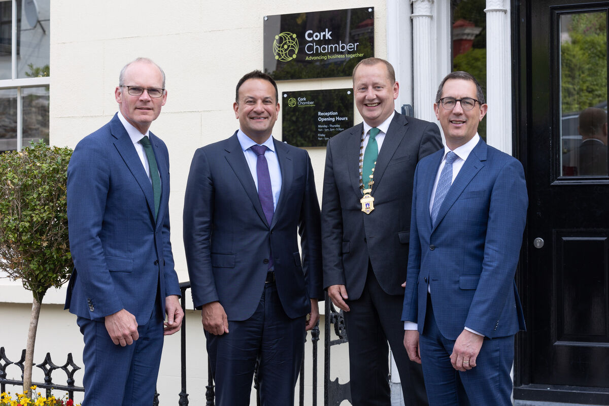 Minister for Enterprise, Trade and Employment Simon Coveney, Taoiseach Leo Varadkar, President of Cork Chamber Ronan Murray and CEO of Cork Chamber Conor Healy at the Cork Chamber offices last year. Photo: Darragh Kane