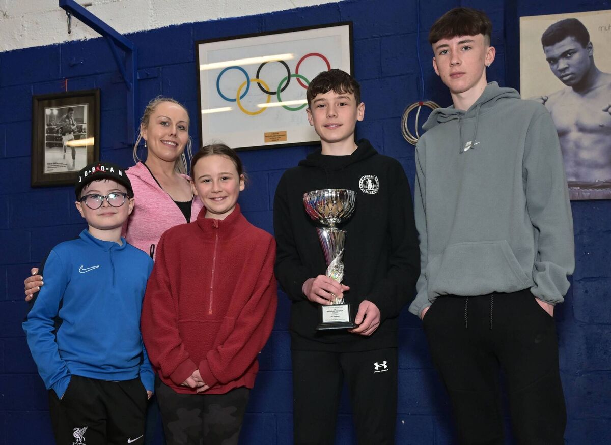 Members of the late Brendan Mooneys family pictured at Golden Gloves / Cork County Boxing Board Senior Tournament for the inaugural presentation of the Top Boxer trophy named in his honour. Pictured are Brenda Mooney, Parker Mooney, Brendan Murphy and Scott and Sophia Lavin. Picture: Doug Minihane Members of the late Brendan Mooneys family pictured at Golden Gloves / Cork County Boxing Board Senior Tournament for the inaugural presentation of the Top Boxer trophy named in his honour. Pictured are Brenda Mooney, Parker Mooney, Brendan Murphy and Scott and Sophia Lavin. Picture: Doug Minihane
