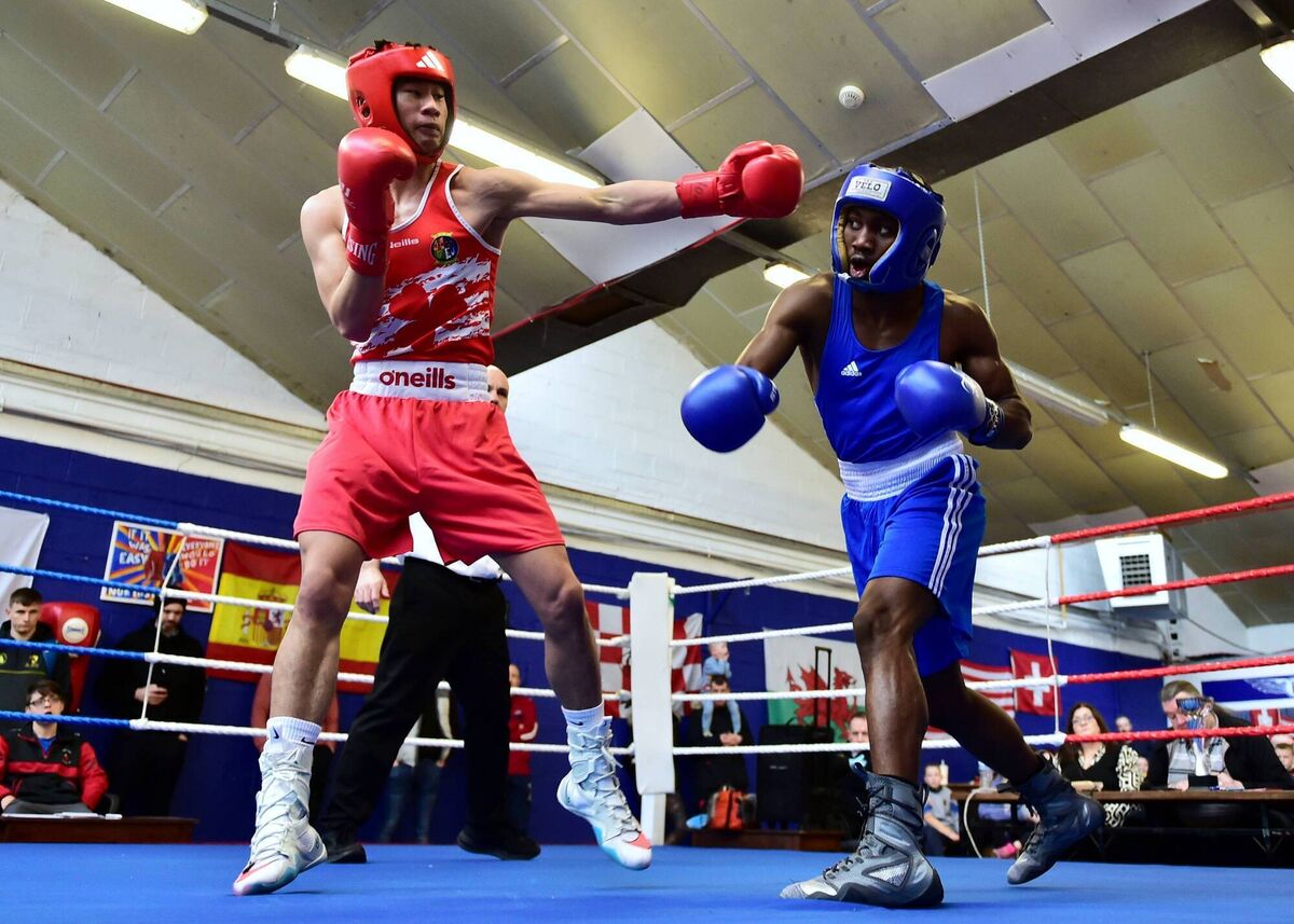 Justin Cheng of Mitchelstown BC and Jordan Odunbaku of Saviours Crystal BC (Waterford) in action during the Northside Boxing Club / Cork County Boxing Board senior tournament at Northside Boxing Club Justin Cheng of Mitchelstown BC and Jordan Odunbaku of Saviours Crystal BC (Waterford) in action during the Northside Boxing Club / Cork County Boxing Board senior tournament at Northside Boxing Club