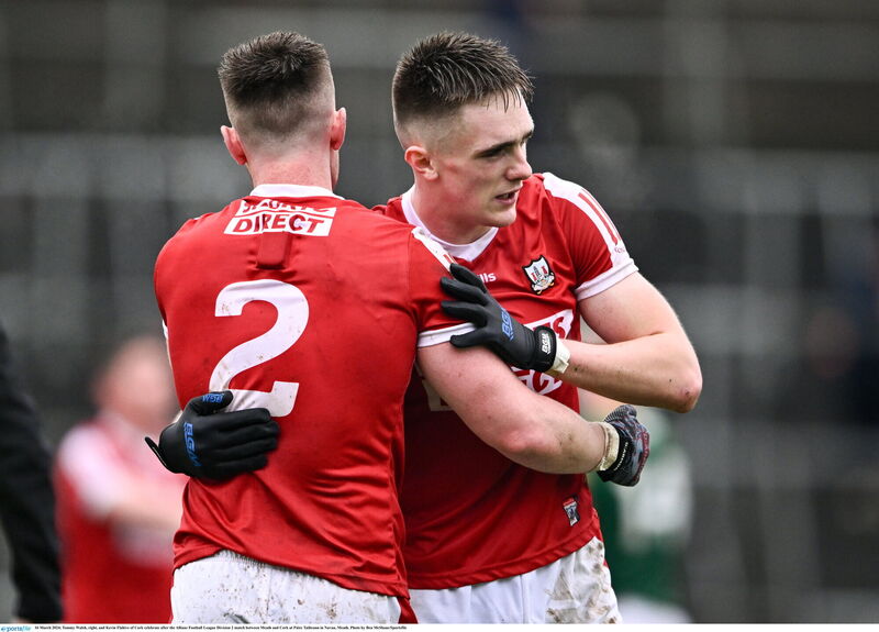 Cork's Tommy Walsh, right, and Kevin Flahive celebrate after beating Meath in Navan. The Rebels were undefeated in their last four league matches. Picture: Ben McShane/Sportsfile
