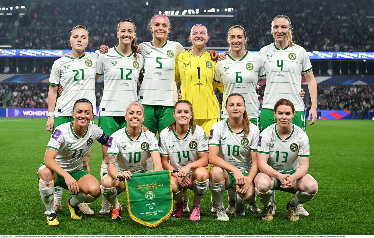Republic of Ireland players, top row, from left, Emily Murphy, Anna Patten, Caitlin Hayes, goalkeeper Courtney Brosnan, Megan Connolly and Louise Quinn, bottom row, from left, Katie McCabe, Denise O'Sullivan, Heather Payne, Kyra Carusa and Aoife Mannion pose for a team photograph before the UEFA Women's European Championship qualifying group A match between France and Republic of Ireland at Stade Saint-Symphorien in Metz, France. Photo by Stephen McCarthy/Sportsfile