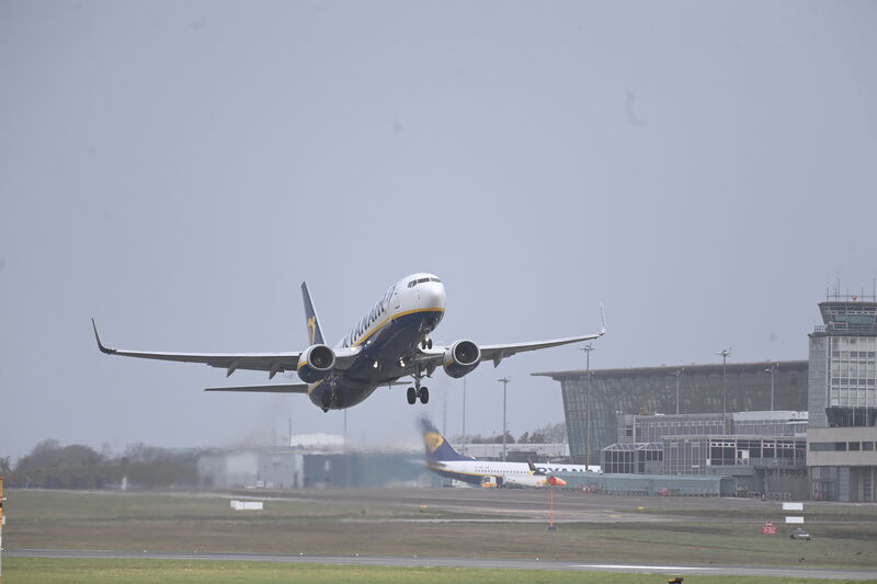 A Ryanair flight departs Cork Airport during Storm Kathleen on Saturday morning, with strong gusts blowing. Pic: Larry Cummins A Ryanair flight departs Cork Airport during Storm Kathleen on Saturday morning, with strong gusts blowing. Pic: Larry Cummins