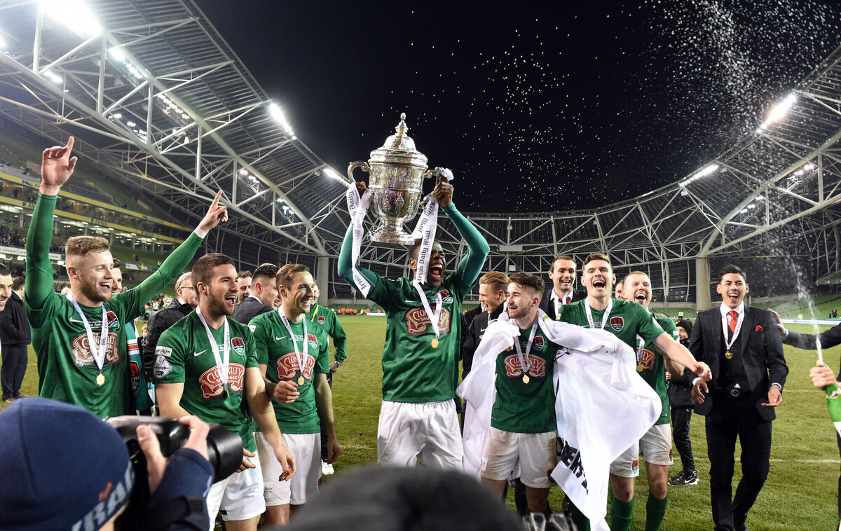 Cork City's Chiedozie Ogbene and players celebrate the win over Dundalk in the FAI cup final at the Aviva Stadium in Dublin in 2016