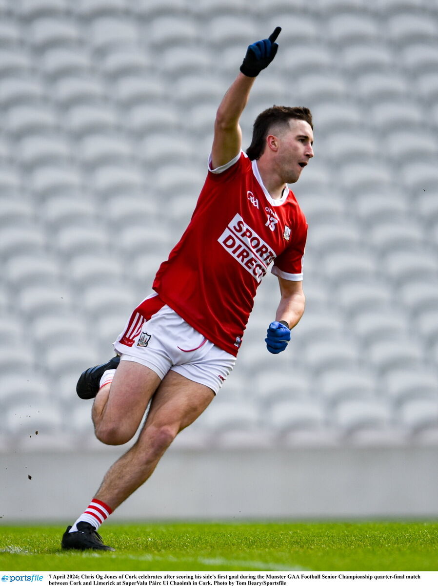 Chris Og Jones of Cork celebrates after scoring his side's first goal during the Munster GAA Football Senior Championship quarter-final match between Cork and Limerick at SuperValu Páirc Ui Chaoimh in Cork. Photo by Tom Beary/Sportsfile Chris Og Jones of Cork celebrates after scoring his side's first goal during the Munster GAA Football Senior Championship quarter-final match between Cork and Limerick at SuperValu Páirc Ui Chaoimh in Cork. Photo by Tom Beary/Sportsfile