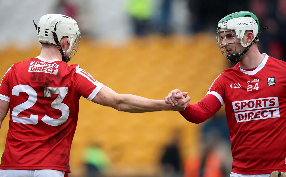 Shane Kingston with Robbie Cotter after Cork's Allianz HL Division 1 Group A win over Offaly last month. Picture: Inpho/Leah Scholes Shane Kingston with Robbie Cotter after Cork's Allianz HL Division 1 Group A win over Offaly last month. Picture: Inpho/Leah Scholes