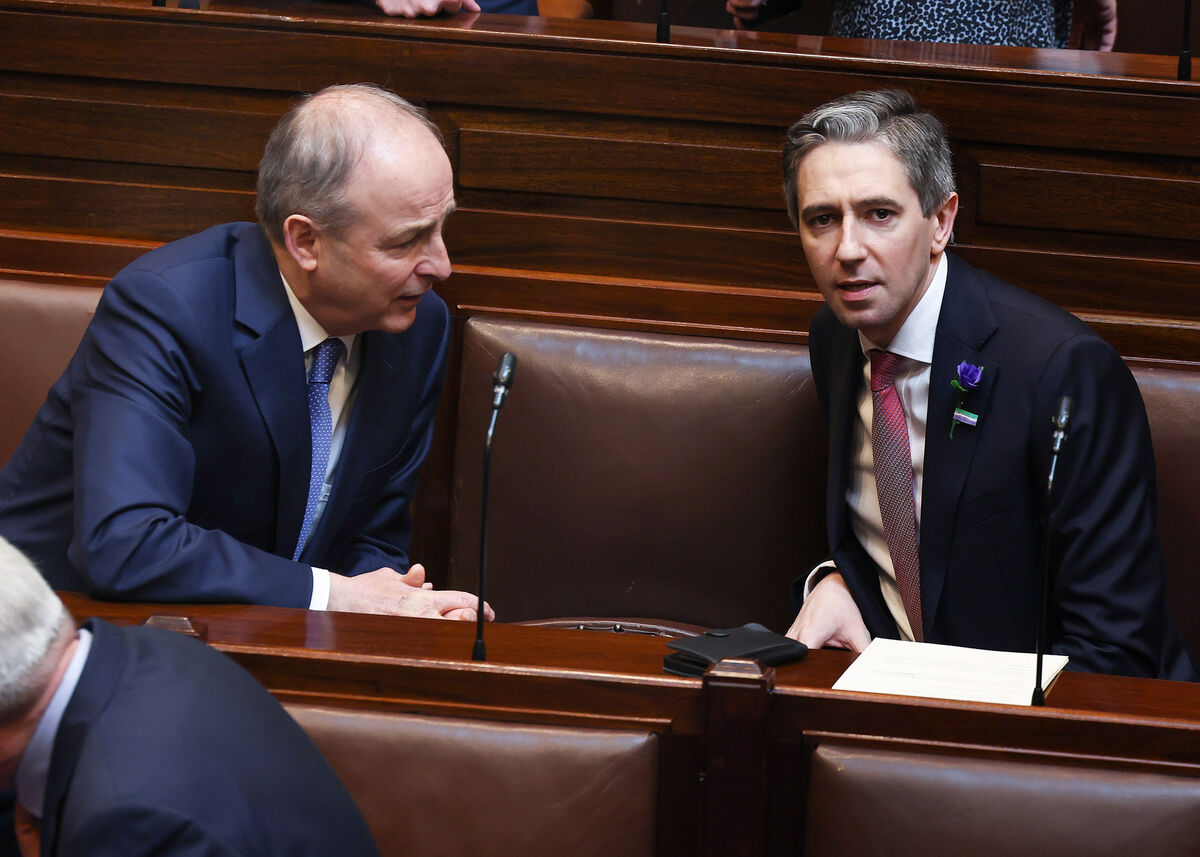 Micheál Martin, Tánaiste and Simon Harris TD in the Dáil Chamber, Leinster House before the nomination of Taoiseach. Micheál Martin, Tánaiste and Simon Harris TD in the Dáil Chamber, Leinster House before the nomination of Taoiseach.
