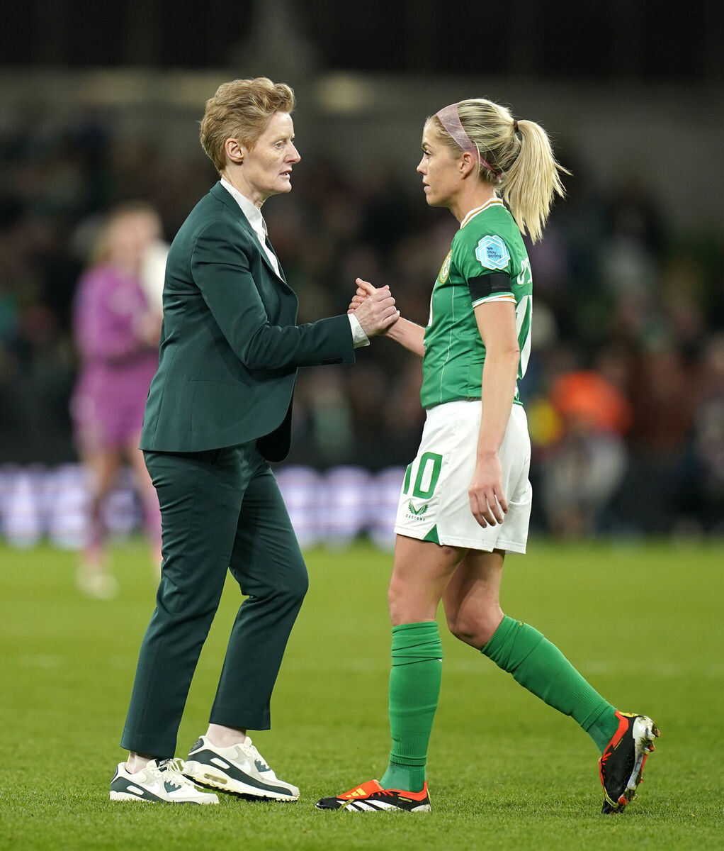 Republic of Ireland head coach Eileen Gleeson greets Denise O'Sullivan following the UEFA Women's Euro 2025 qualifying round League A, Group A3 match at the Aviva Stadium, Dublin. Republic of Ireland head coach Eileen Gleeson greets Denise O'Sullivan following the UEFA Women's Euro 2025 qualifying round League A, Group A3 match at the Aviva Stadium, Dublin.