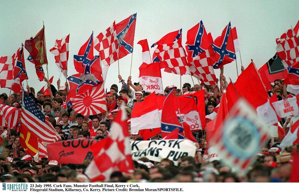 The confederate flags fly high on the terrace in Killarney when Cork beat Kerry at Fitzgerald Stadium in 1995. Picture: Brendan Moran/Sportsfile The confederate flags fly high on the terrace in Killarney when Cork beat Kerry at Fitzgerald Stadium in 1995. Picture: Brendan Moran/Sportsfile