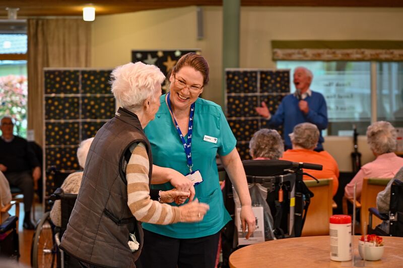 Care assistant Natasha Hickey pictured leading the waltz. Care assistant Natasha Hickey pictured leading the waltz.