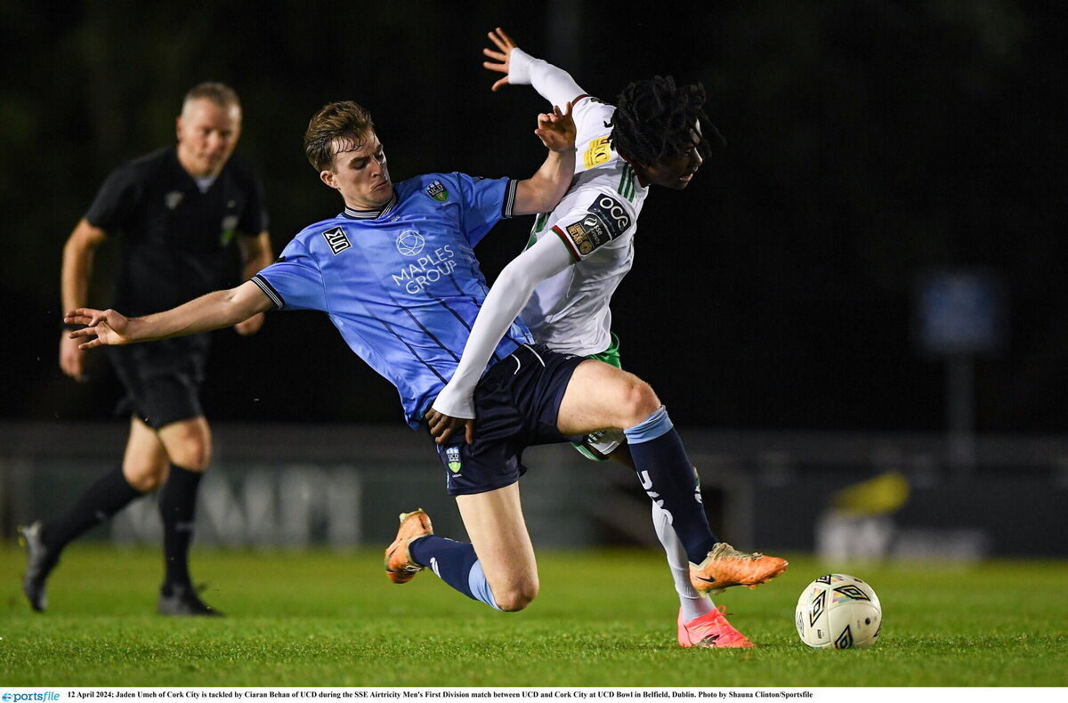 Jaden Umeh of Cork City is tackled by Ciaran Behan of UCD. Picture: Shauna Clinton/Sportsfile