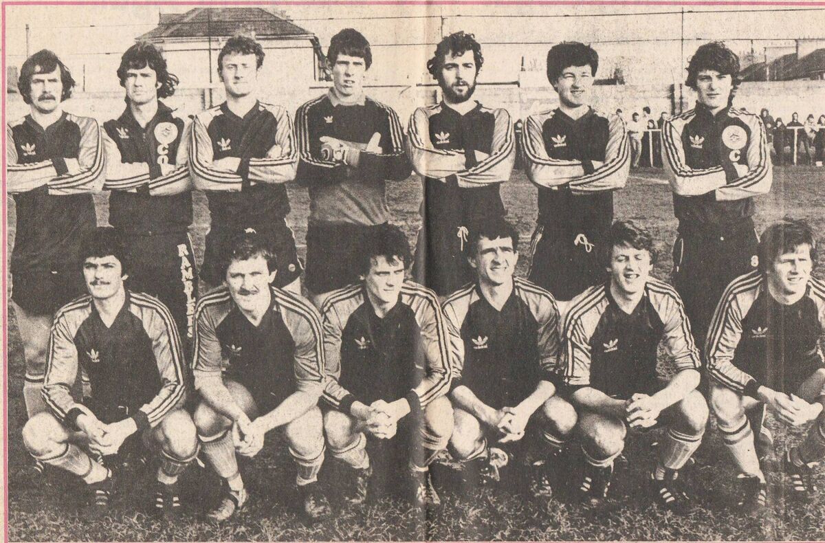 The Cobh Ramblers squad pictured before their FAI Cup fourth round tie against league champions Dundalk at St. Colman's Pk. on Sunday, February 6th 1983: L to R (Back): Frank O'Neill, Timmy Stack, Eddie O'Halloran, Paul Keating, George Wilshaw, Mick O'Leary, Peter Piggott. L to R (Front): Paul Crowley, George Mellerick (capt.), Paul O'Neill, Fergus McDaid, Liam Naughton, Paddy Shortt. (pic: Courtesy 'Evening Echo') The Cobh Ramblers squad pictured before their FAI Cup fourth round tie against league champions Dundalk at St. Colman's Pk. on Sunday, February 6th 1983: L to R (Back): Frank O'Neill, Timmy Stack, Eddie O'Halloran, Paul Keating, George Wilshaw, Mick O'Leary, Peter Piggott. L to R (Front): Paul Crowley, George Mellerick (capt.), Paul O'Neill, Fergus McDaid, Liam Naughton, Paddy Shortt. (pic: Courtesy 'Evening Echo')