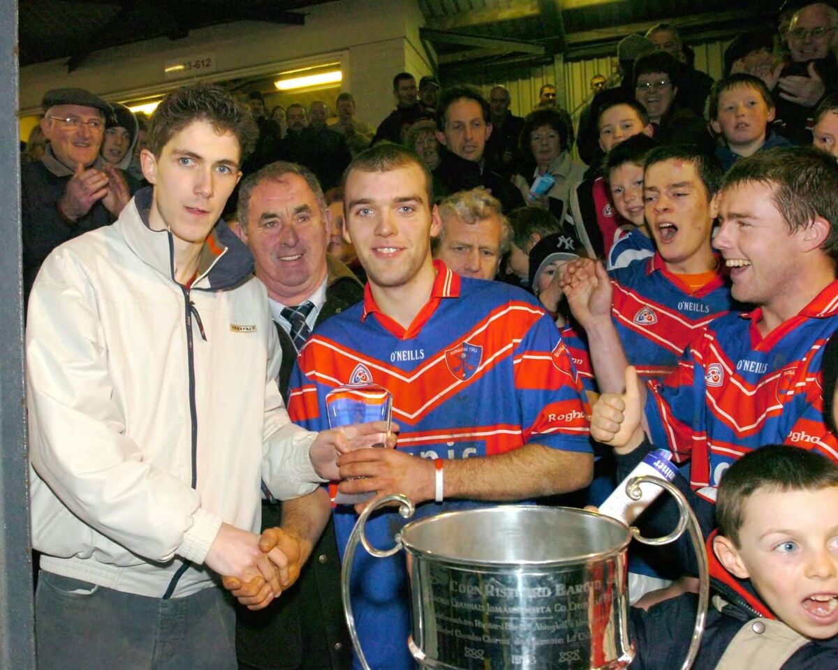 Pat Fitzgerald receiving the man of the match award from Fintan O'Toole after Erin's Own's win over Douglas in the 2006 Cork U21AHC final. Picture: Richard Mills