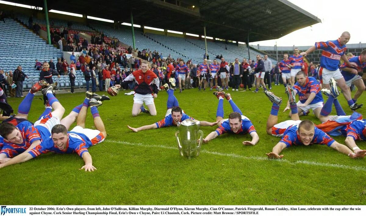 Pat Fitzgerald (front right) with fellow Erin's Own players John O'Sullivan, Killian Murphy, Diarmuid O'Flynn, Kieran Murphy, Cian O'Connor, Ronan Coakley and Alan Lane celebrating after the 2006 Cork SHC final win over Cloyne. Picture: Matt Browne / SPORTSFILE