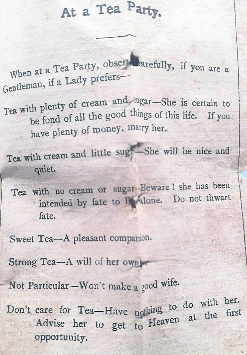 A page from the ‘tea book’ owned by reader Michael Ryan’s grandmother, used to predict a person’s future 