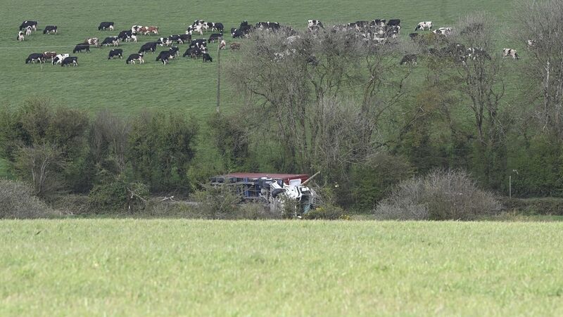 An articulated truck lies across the road at Carr's Hill, Co Cork. Pic: Larry Cummins An articulated truck lies across the road at Carr's Hill, Co Cork. Pic: Larry Cummins