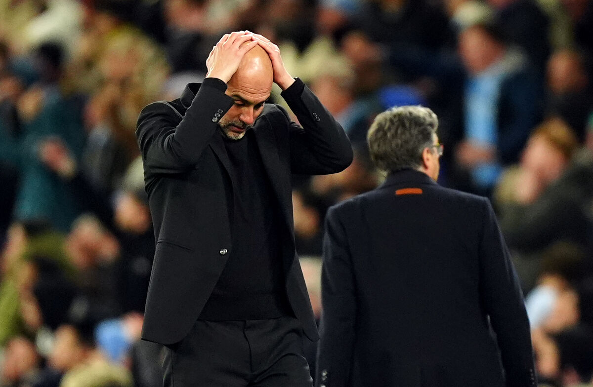 Manchester City manager Pep Guardiola reacts during the UEFA Champions League quarter-final, second leg match at the Etihad Stadium, Manchester. Picture : Mike Egerton/PA Wire