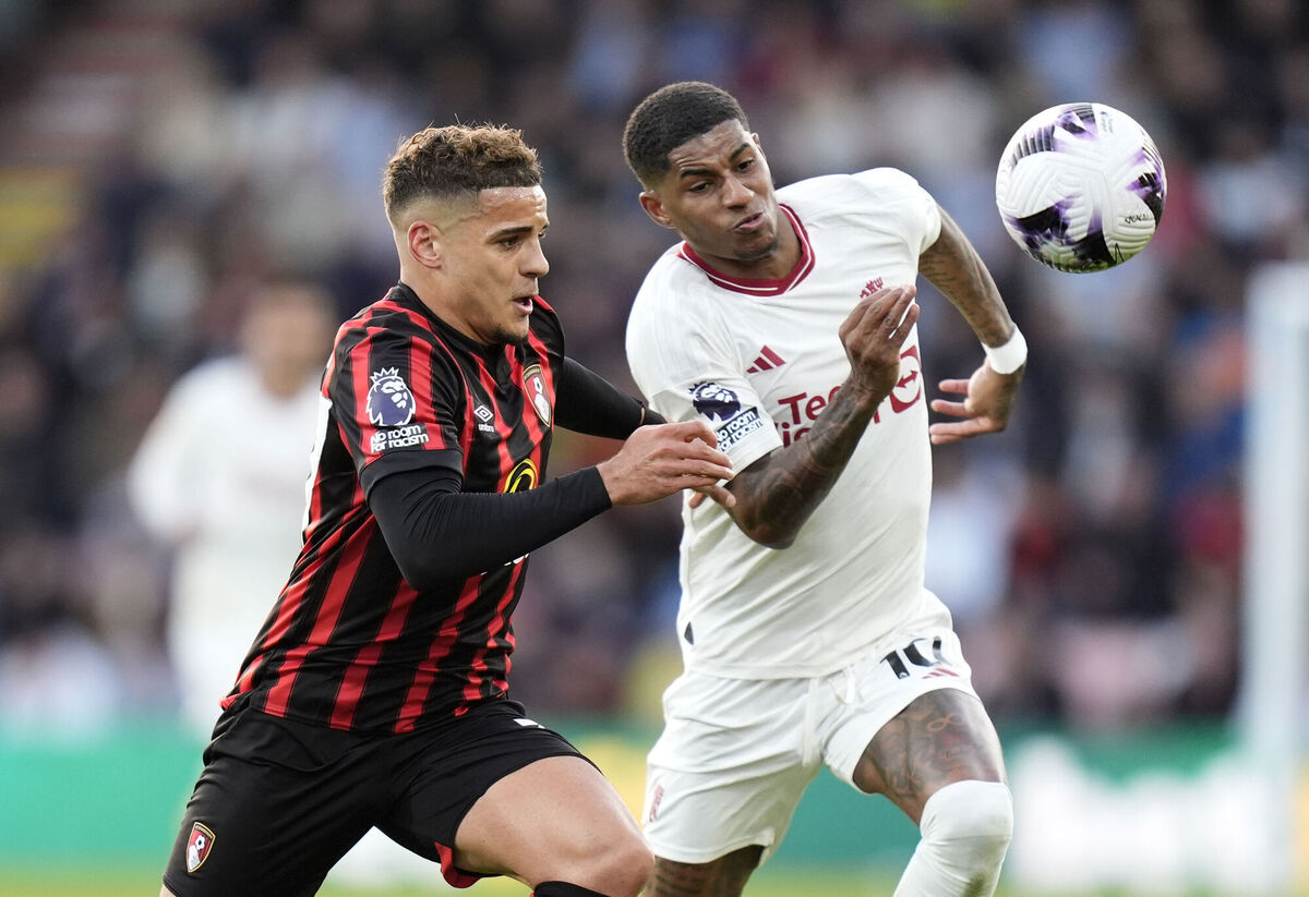 Bournemouth's Max Aarons (left) and Manchester United's Marcus Rashford battle for the ball during the Premier League match at the Vitality Stadium, Bournemouth. Picture: Andrew Matthews/PA Wire