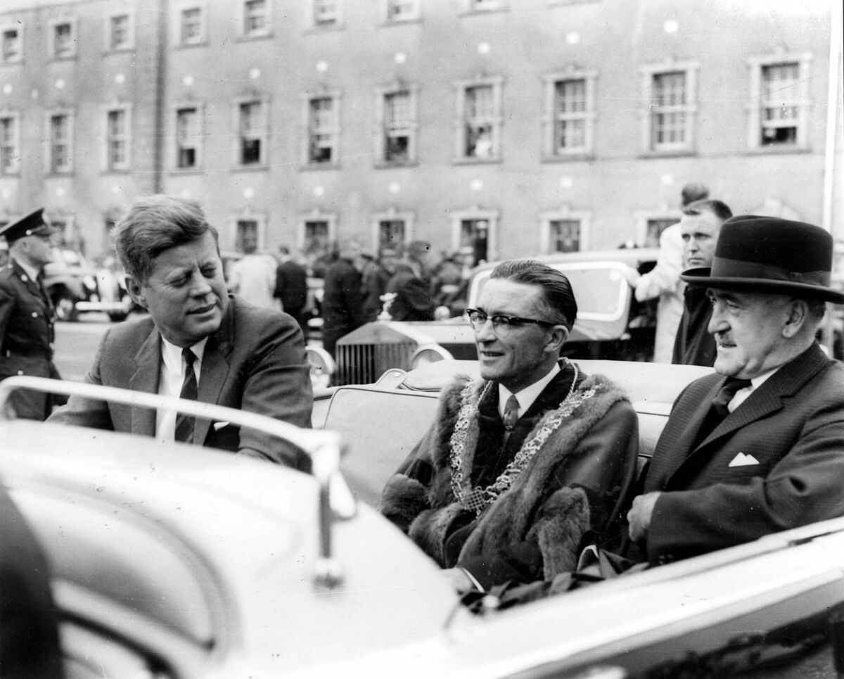President John F Kennedy pictured at Collins Barracks, Cork with Lord Mayor Seán Casey and Frank Aiken during his Irish visit in 1963. 
