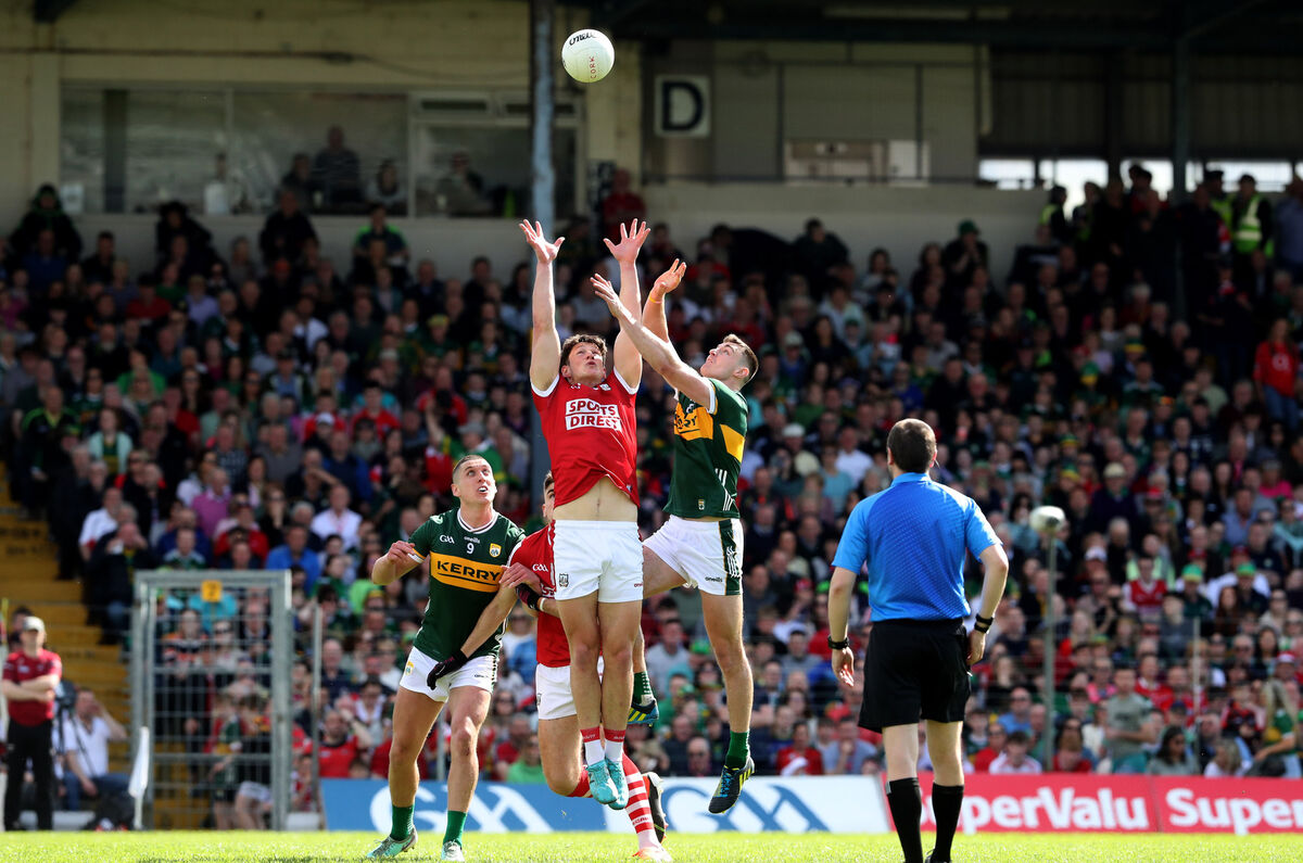 Cork's Colm O’Callaghan and Diarmuid O’Connor of Kerry rise high for the ball. Picture: INPHO/Bryan Keane
